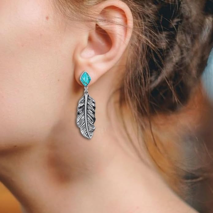 Genuine Turquoise Leaf Earrings, Sterling Silver Dangle Drop Vintage Boho Feather Earrings Birthday Gift for Women