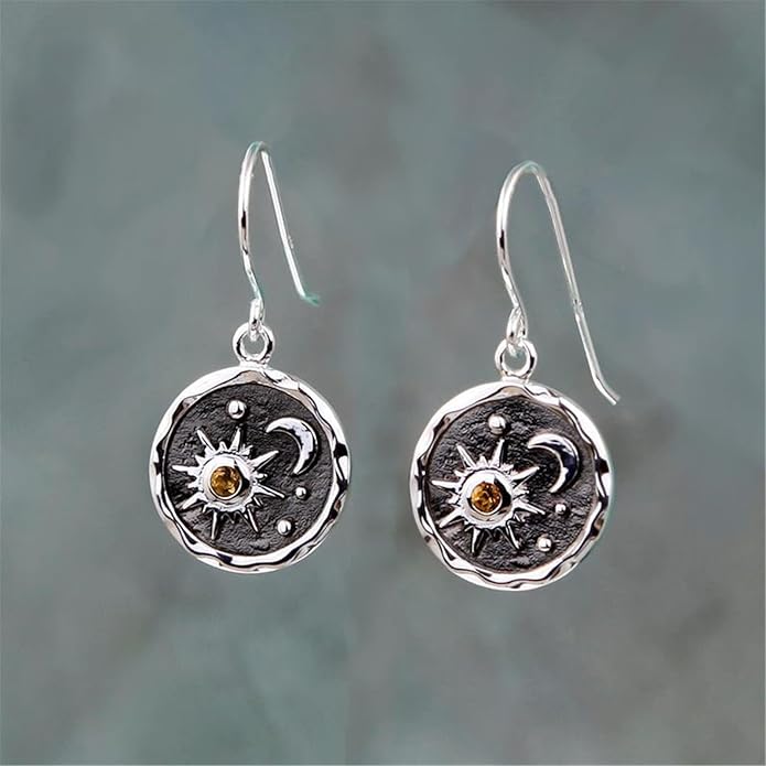 MALOYANVE Vintage Sun and Moon Drop Dangle Earrings for Women Unique lightweight Handmade Retro Boho Antiqued Gold Silver Round Coin Earrings for Women Jewelry