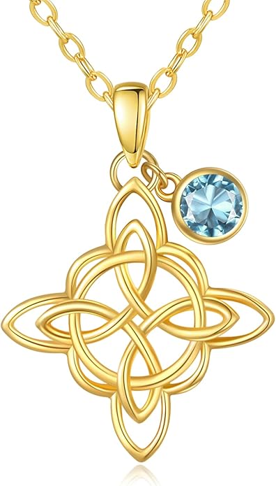 Witches Knot Necklace for Women, 14K Gold Celtic Knot Cross Jewelry with Triquetra Trinity with Birthstone Pendant, Birthday Witchy Spiritual Gifts for Her Wife Mom Grandma, 18+2 Inch Chain