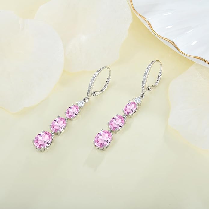 Women 925 Sterling Silver Birthstone 3-stone Leverback Drop Dangle Earrings 5A Cubic Zirconia Jewelry for Her