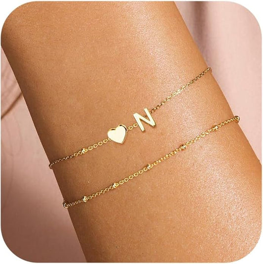 DEARMAY Dainty Initial Heart 14K Gold Plated Bracelets for Women Trendy, Letter Charm Bracelet Jewelry Cute Simple Fashion Chain Gift