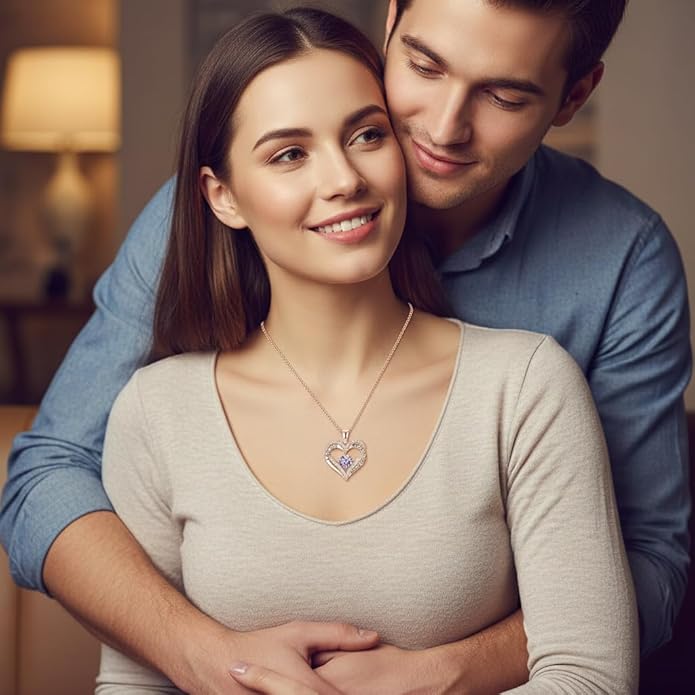 Birthstone Heart Necklace for Women Wife Girlfriend Mom Daughter Gifts S925 Silver Jewelry For Anniversary Rose Gold Gifts For Birthday Christmas Mothers Valentines Day