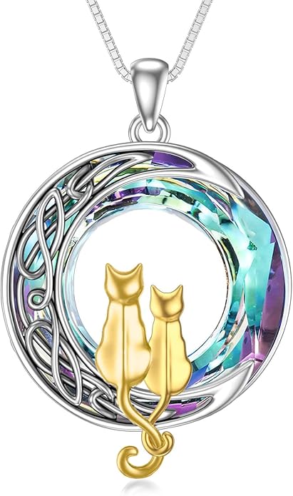 TOUPOP Christmas Cat Gifts for Cats Lovers One Two Three Four Cats Necklace Sterling Silver Cats on the Moon Pendant Necklace with Blue Circle Crystal Birthday Christmas Celtic Jewelry Gifts for Women