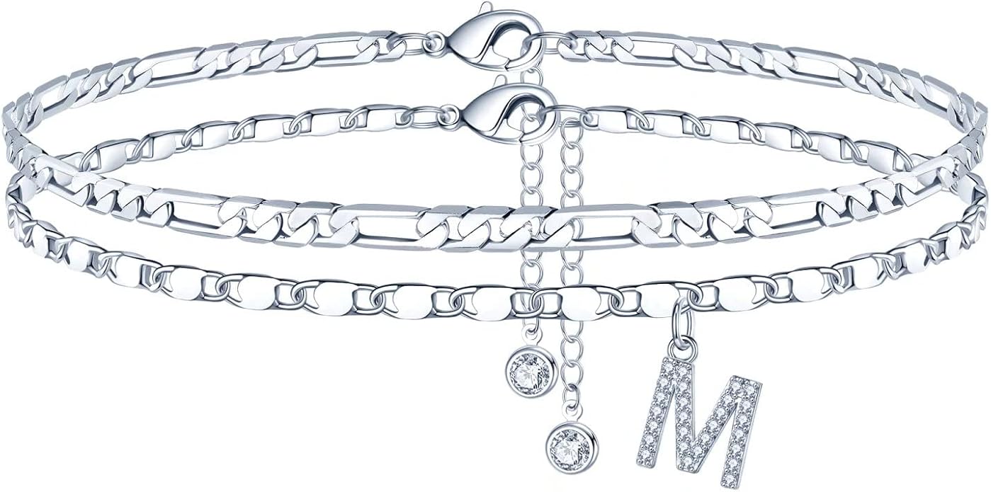 Ursteel Ankle Bracelets for Women, 14K-Gold-Plated Dainty Layered Chain CZ Initial Anklets Set Summer Jewelry Gifts for Women