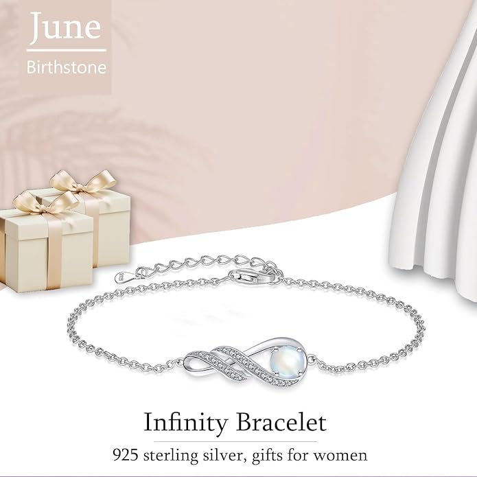 Birthstone Bracelets for Women 925 Sterling Silver Created Gemstone Bracelet Infinity Pendant Jewelry for Her, 6.7"+1.2"