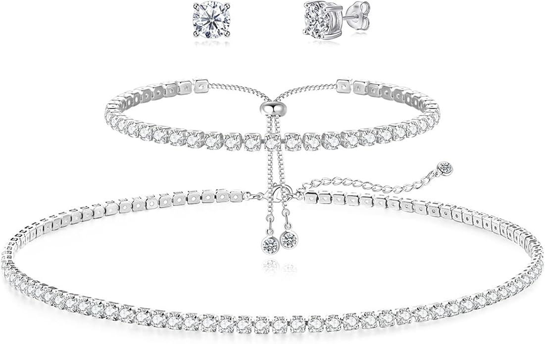 Tennis Necklace Bracelet for Women, Sterling Sliver, Dainty Chocker Necklace, Crystal Bracelet for Women, Wedding Jewelry for Bride, Sparkly Party Prom Hypoallergenic