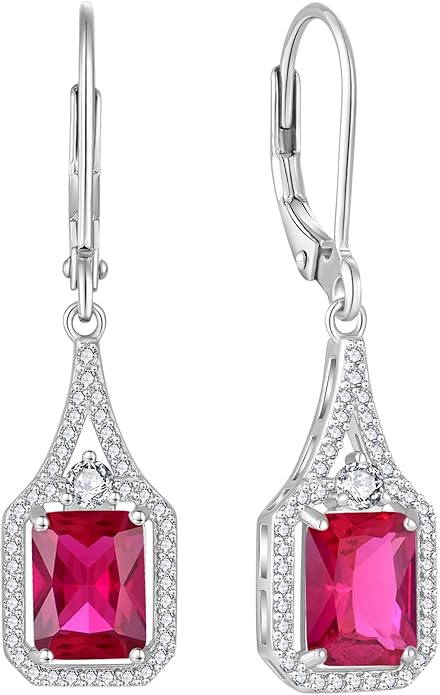 Emerald Cut Dangle Drop Earrings 925 Sterling Silver Halo Rectangular Leverback Earrings Birthstone Jewelry for Women