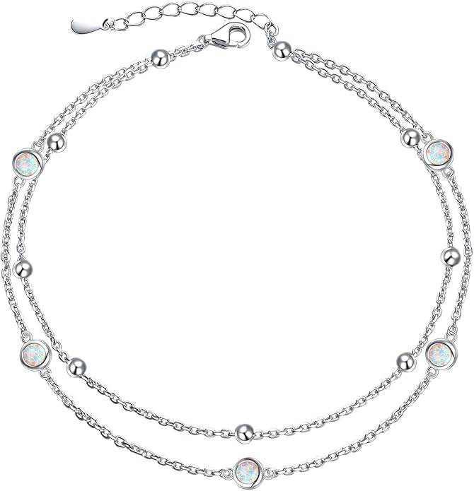 FLYOW Anklet for Women S925 Sterling Silver Adjustable Foot Beaded Heart Charm Ankle Bracelet Anklets Jewelry