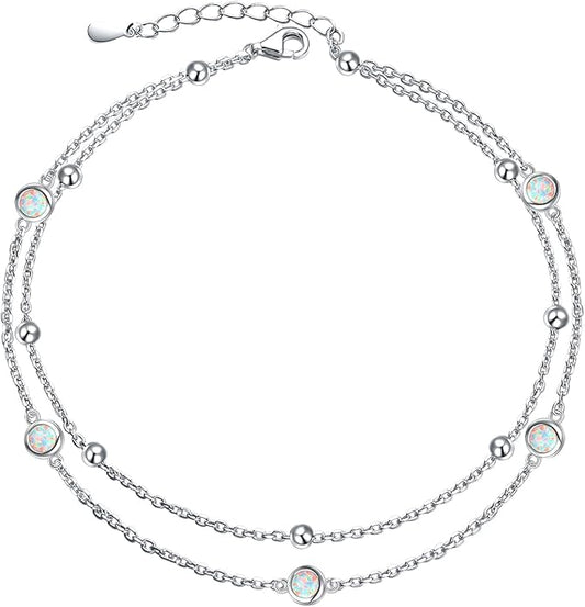 FLYOW Anklet for Women S925 Sterling Silver Adjustable Foot Beaded Heart Charm Ankle Bracelet Anklets Jewelry