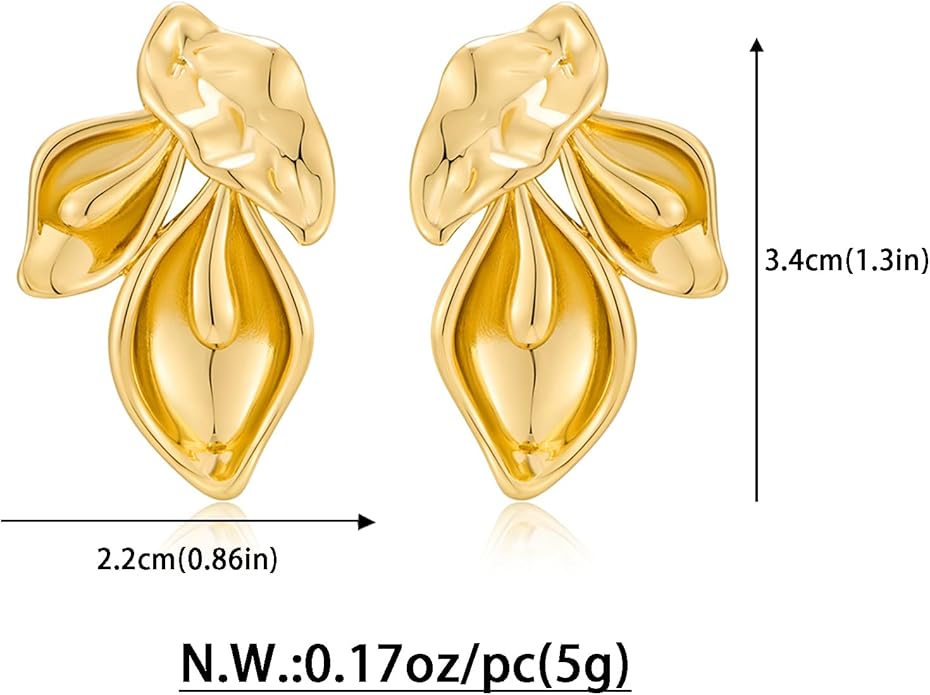 Chunky Gold Statement Earrings For Women Gold Plated Sectored Flower Leaf Shell Angel Wing Earrings Large Stud Earrings Hypoallergenic Earrings