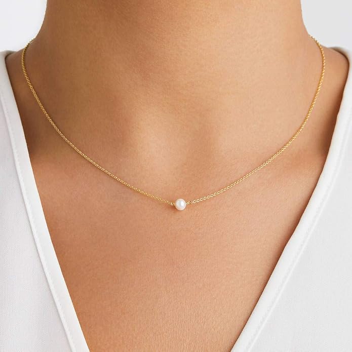 14K Solid Gold Pearl Necklace for Women, Real Freshwater Cultured Pearl Pendant Necklace 7.5mm Dainty Single Sliding Pearl Design Adjustable Necklaces Fine Jewelry Gift for Her, Mom, Wife 16"-18"