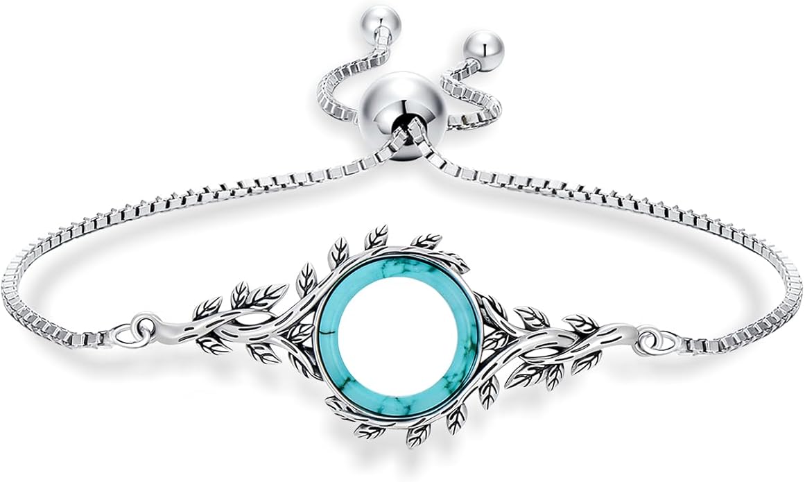 Genuine Circle Turquoise Bracelet for Women Adjustable 6 to 8 inch 925 Sterling Silver Leaf Jewelry with Natural Gemstone for Her Wife Mom
