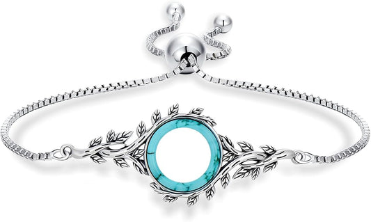 Genuine Circle Turquoise Bracelet for Women Adjustable 6 to 8 inch 925 Sterling Silver Leaf Jewelry with Natural Gemstone for Her Wife Mom