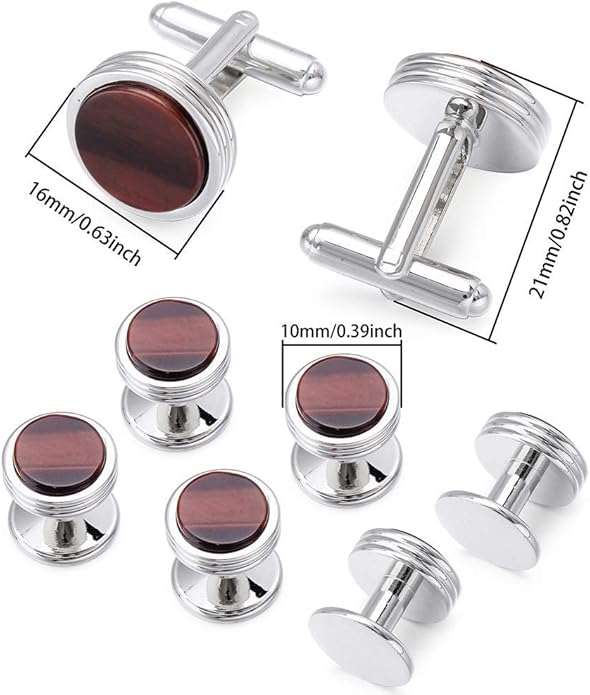 Mens Cufflinks and Studs Set for Tuxedo Shirt Mother of Pearl with a Gift Box (Tiger Eye Stone)