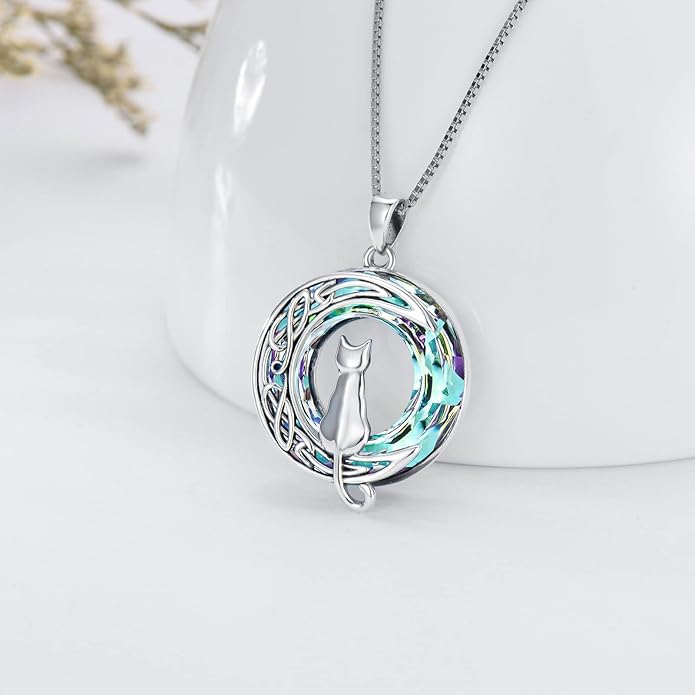 TOUPOP Christmas Cat Gifts for Cats Lovers One Two Three Four Cats Necklace Sterling Silver Cats on the Moon Pendant Necklace with Blue Circle Crystal Birthday Christmas Celtic Jewelry Gifts for Women