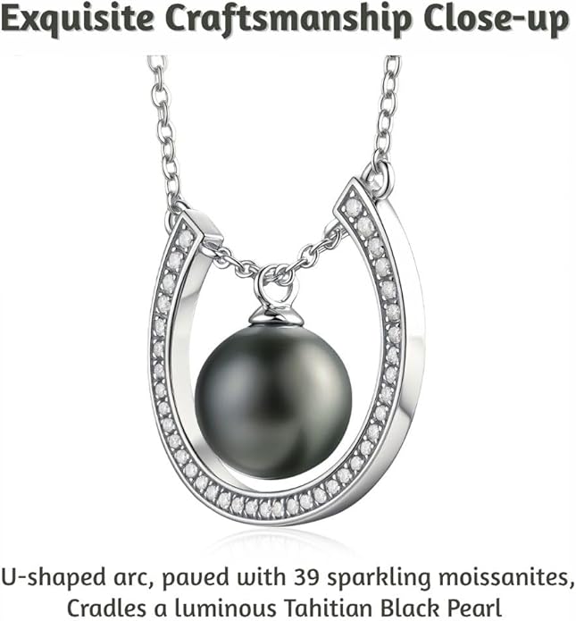 Lunar Belle Tahitian Black Pearl Necklace Pendant, Moissanite in 925 Sterling Silver, Luxury Jewelry Gift for Women Mother Christmas Anniversary (Ocean Halo)