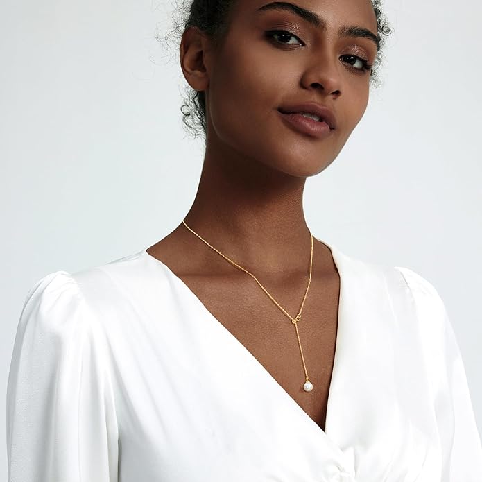 Zeffy Lariat Gold Necklace for Women, Dainty Long Necklace 14k Gold/Silver Plated Layered CZ Beaded Bar Chain Y-Shaped Body Chain Stack Drop Wedding Necklace Trendy Simple Gold Jewelry Gifts