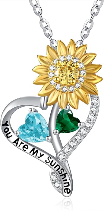 Zeuslia Double Birthstone Necklace Gifts for Wife - 925 Sterling Silver Sunflower/Rose/Crown Cross/Compass/Heart Pendant I Love You Necklace, Anniversary Birthday Gifts for Wife Girlfriend Mom Her