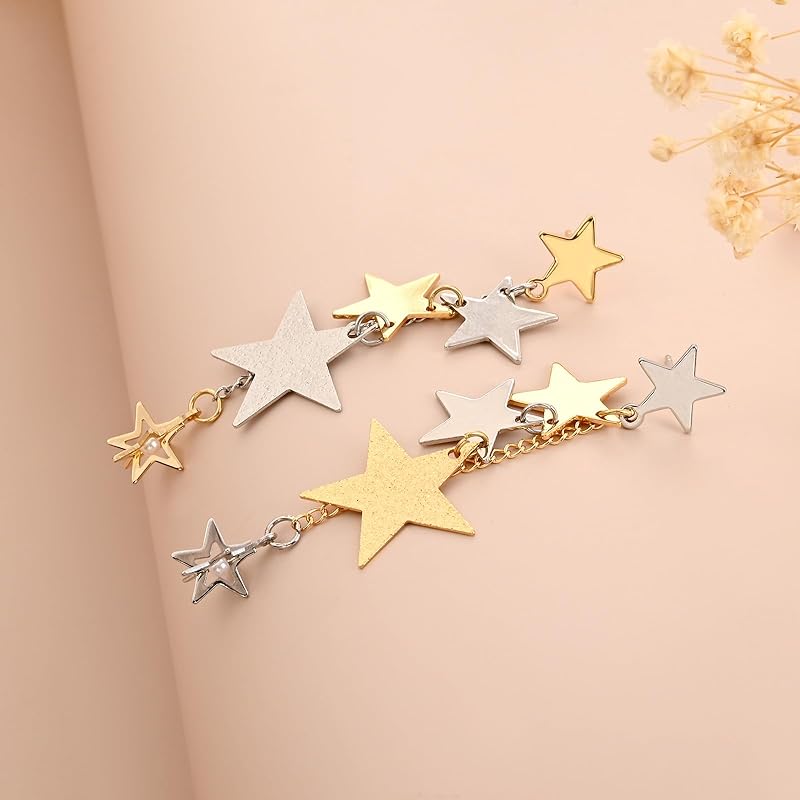 Gold and Silver Sparkly Big Star Drop Earrings Mixed Metal Two Tone Long Tassel Stud Earrings for Women Star Dangling Celestial Jewelry