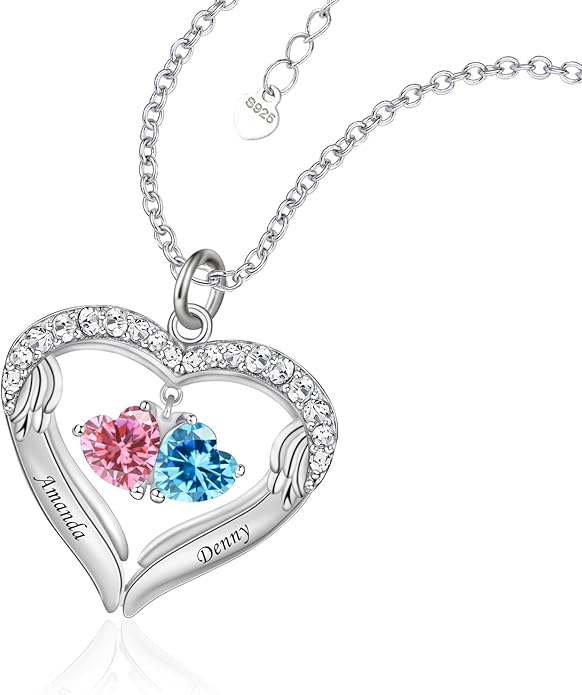 JOBFLY S925 Sterling Silver Customized 2 Birthstone Heart Necklace with 2 Name Engraved Personalized Mother Daughter Necklace Couple Jewelry Christmas Birthday Gift