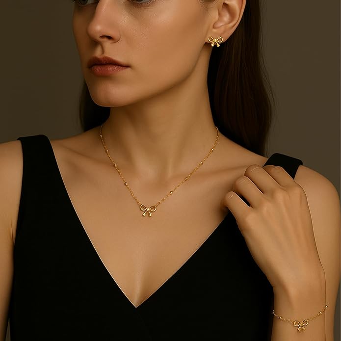 Bow Earrings Necklace Bracelet Set for Women Dainty Bowknot Jewelry Set Gold Pendant Necklace Ribbon Stud Earrings Cute Bow Accessories Elegant Gift for Her