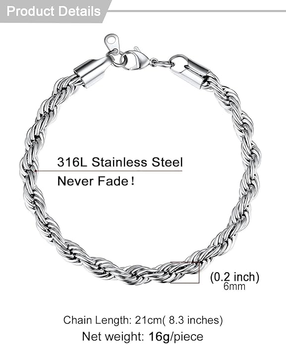 U7 Link Bracelets for Men, Cuban Link/Rope/Watch Band Solid Bracelet, Silver Black Gold Color Wrist Bracelet 3/6/9/12/15mm Width, 6.5/7.5/8.3 Inch Length, Hand Chain Jewelry for Mens Women