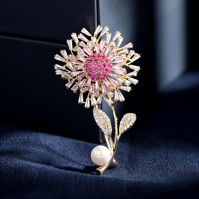 14K Gold Women Trendy Gold Brooch Accessory with Moissanite and Pearl, Decoration Sunflower Pin for Summer Fashion, Womens Brooches and Pins