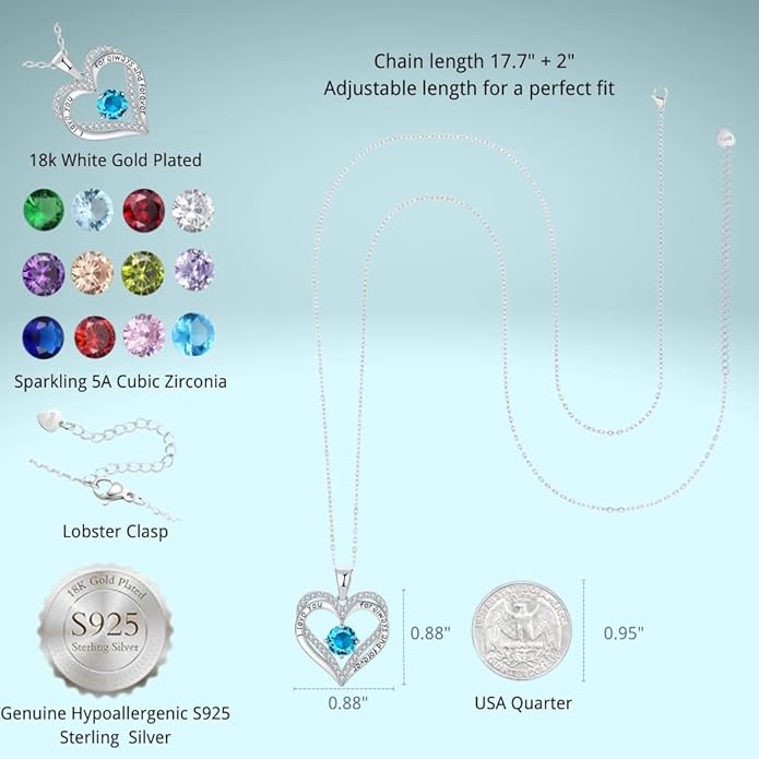 Birthstone Heart Necklace for Women Wife Girlfriend Mom Daughter Gifts S925 Silver Jewelry For Anniversary Rose Gold Gifts For Birthday Christmas Mothers Valentines Day