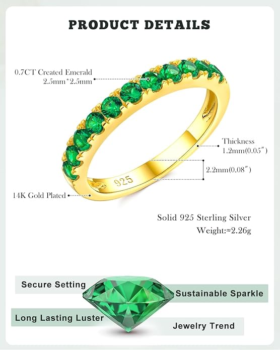 CAIDIKA Created Ruby/Sapphire/Emerald Stackable Rings for Women 14K Gold Plated/ 925 Sterling Silver 2.2mm Wedding Band Ring (with Gift Box)