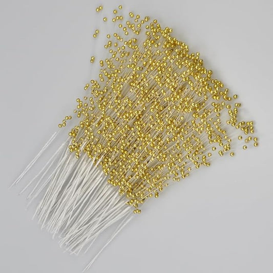 100 Pieces String Pearls Sticks, BetterJonny 3mm Beads String Creative Pearl Flower Stem Bead Sticks Pearl Beaded Stems DIY Floral Bead Strands for Party Decoration (Gold)