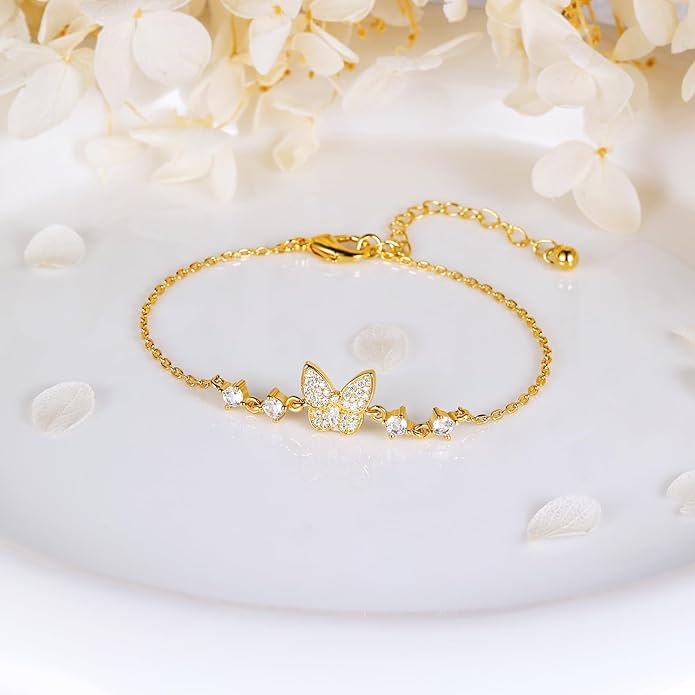 Cubic Zirconia Butterfly Bracelets for Women and Men | Gold Dainty Simple Hypoallergenic Adjustable Bracelet