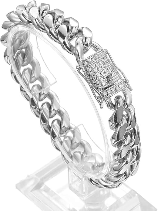 Jxlepe Mens Miami Cuban Link Chain White 15mm Stainless Steel Curb Necklace with cz Diamond Chain Choker