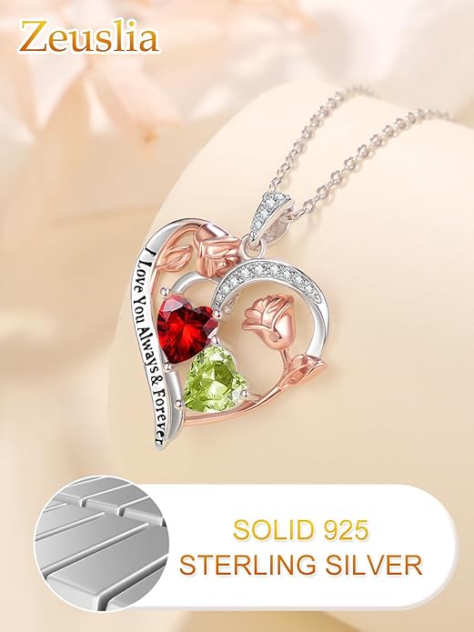 Zeuslia Double Birthstone Necklace Gifts for Wife - 925 Sterling Silver Sunflower/Rose/Crown Cross/Compass/Heart Pendant I Love You Necklace, Anniversary Birthday Gifts for Wife Girlfriend Mom Her