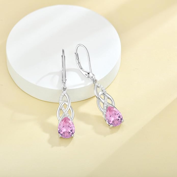 JO WISDOM Celtic Knot Infinity Jewelry Set for Women 925 Sterling Silver Pink Tourmaline Dangle Drop Leverback Earrings October Birthstone Necklace Pendant Gemstone Jewelry