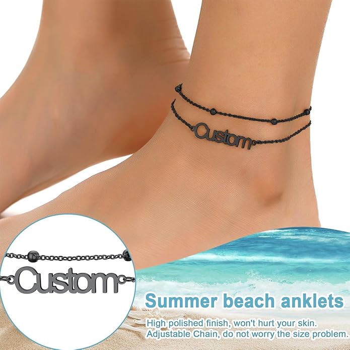U7 Custom Layered Ankle Bracelets for Women Stainless Steel Bead/Cuban/Figaro/Rope/Wheat Chain Anklet Waterproof Anklet Jewelry for Beach Vacation