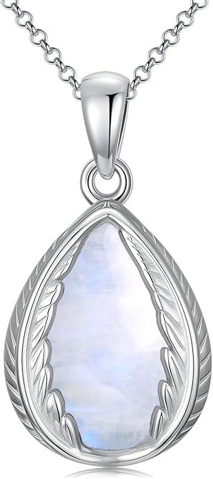Genuine Moonstone Feather Pendant Necklace 925 Sterling Silver vintage Natural Gemstone June Birthstone Religious Teardrop Jewelry for Women Feather Lover