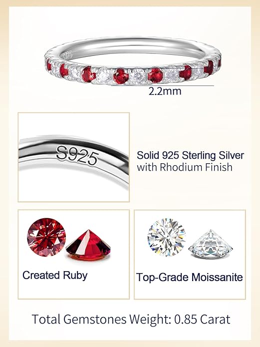 CYW Moissanite Sapphire Ruby Emerald Hand Setting Full Eternity Rings for Women, Solid 925 Sterling Silver, Stackable Ring, Wedding Birthday Valentines Anniversary Mothers Day Ideal Gift for Her