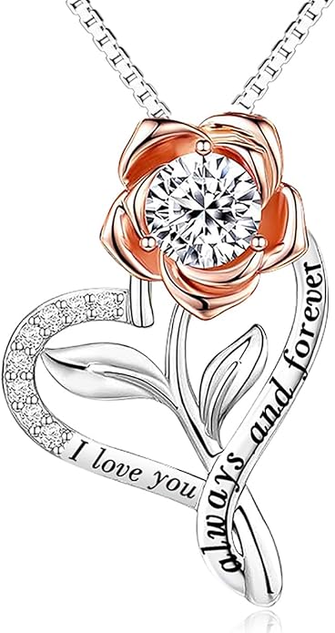 Heart Necklaces for Women Anniversary Birthday Valentine Gifts for Her Wife Girlfriend Gifts, I Love You Always And Forever Rose Flower Jewelry for Mom Daughter Sister Friend S925 Sterling Silver