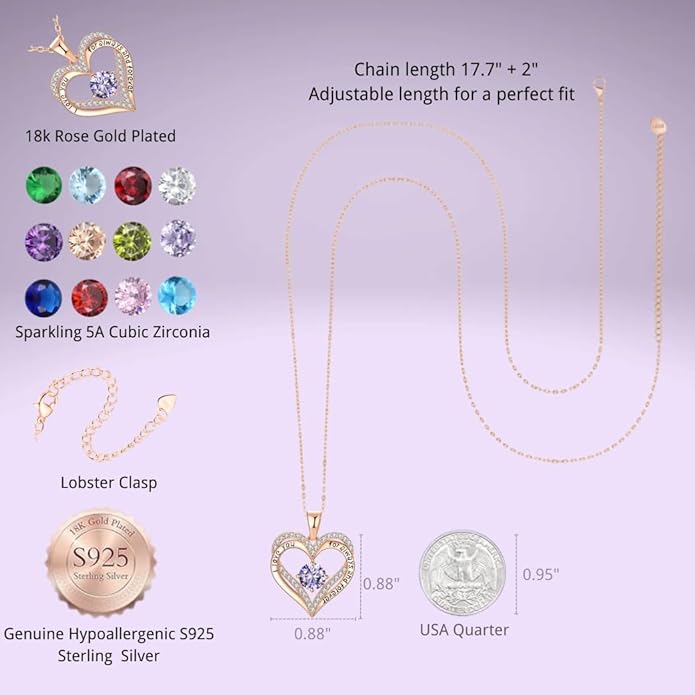 Birthstone Heart Necklace for Women Wife Girlfriend Mom Daughter Gifts S925 Silver Jewelry For Anniversary Rose Gold Gifts For Birthday Christmas Mothers Valentines Day