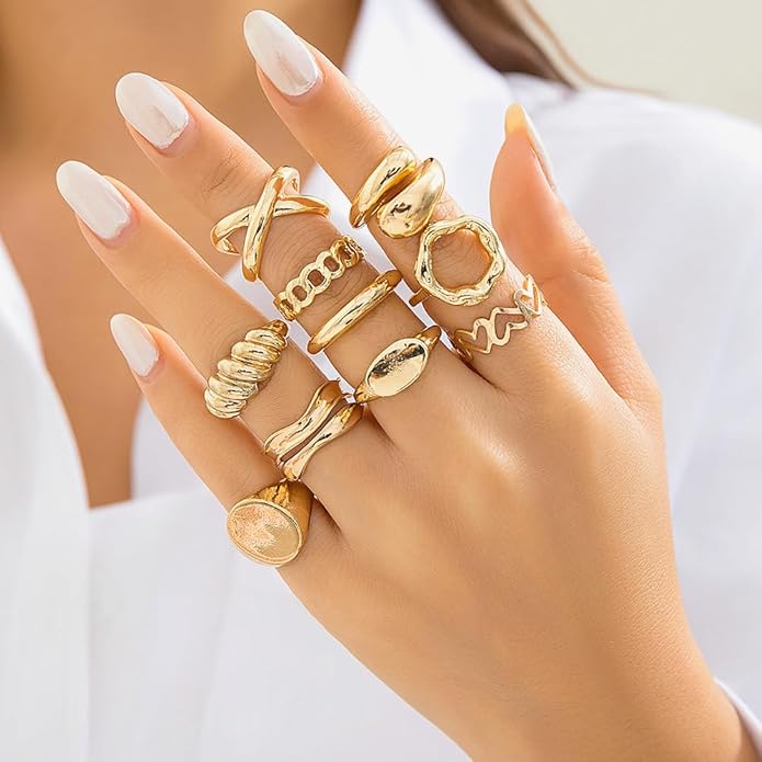 FUTIMELY 14K Gold Stackable Knuckle Rings Set for Women Teen Girls,Aesthetic Silver 10Pcs Trendy Dainty Open Midi Rings Set,Midi Finger Rings Pack Jewelry Gifts