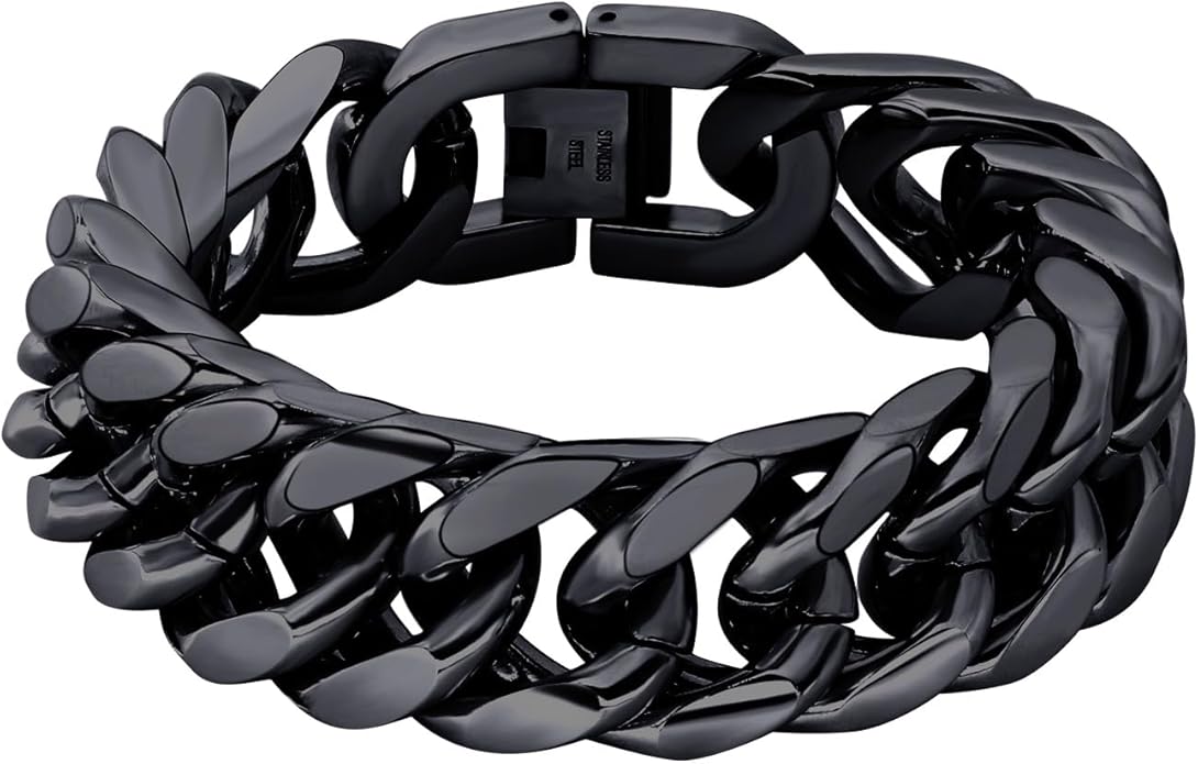 8/12/17mm Wide Cuban Link Bracelet for Men Father Gift 18K Gold/Black Plated Stainless Steel Bracelets 7.4-9 Inches(Gift Wrapped)