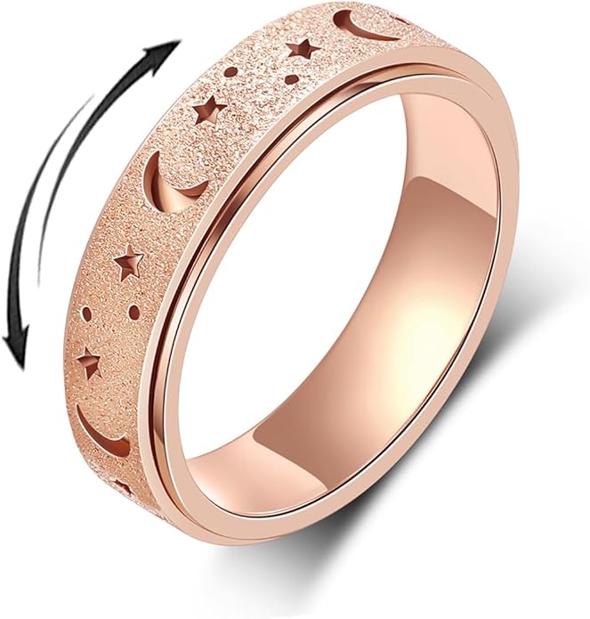 AmorArtSky Anxiety Ring for Women Men, Titanium Stainless Steel Spinner Ring, 5 Colors, 6MM, Size 6-10, 3 Styles Anxiety Ring-Moon Star, Sandblasted Finished, Hollow Outer
