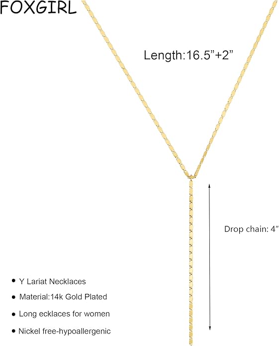 Foxgirl Lariat Gold Necklace for Women, Dainty Long Necklace 14k Gold Plated/Silver Y-Shaped Pendant Necklace Trendy Layered Cz Beaded Chain Drop Necklaces Simple Gold Jewelry For Women Gift