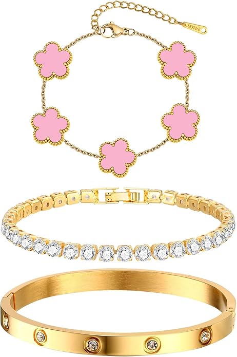 Womens Stackable Floral Gold Bracelets - 3Pcs 18K Gold Plated Bracelet,Stainless Steel Bangle Bracelets Non Tarnish, Gold Bracelet Set Trendy Jewelry,Christmas Valentines Birthday Gifts for Girlfriend