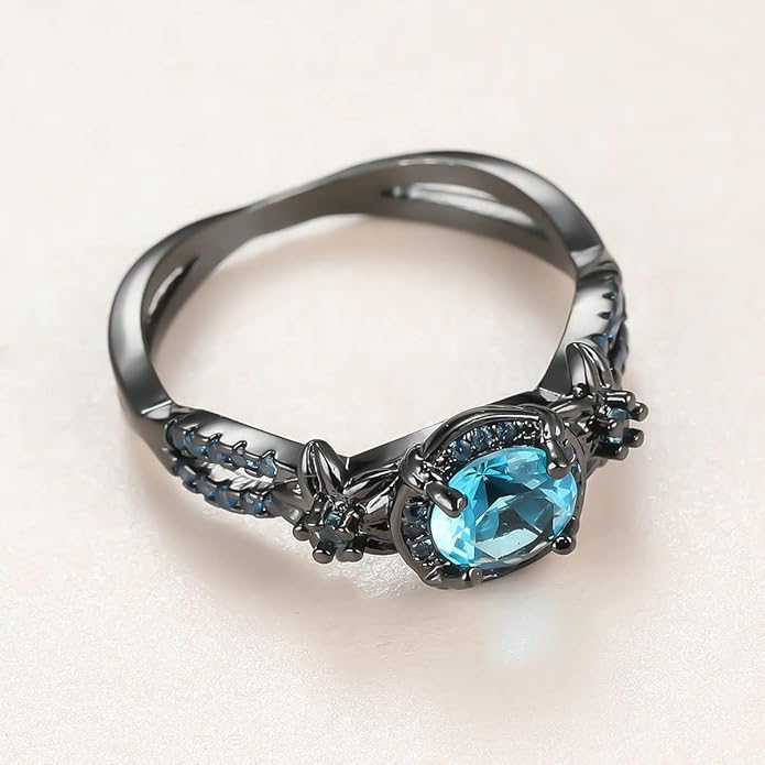 Gothic Black Rings for Women, Mystic Rainbow Topaz with Created Amethyst Flower Goth Black Gold Wedding Engagement Ring Size 6 to 11