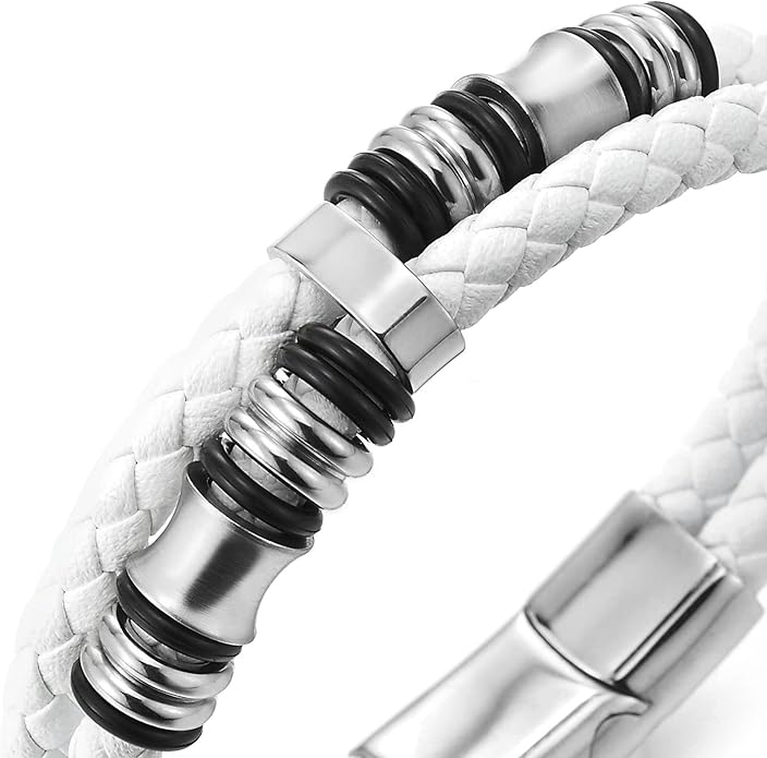 COOLSTEELANDBEYOND Mens Double-Row Braided Leather Bracelet Bangle Wristband with Stainless Steel Ornaments