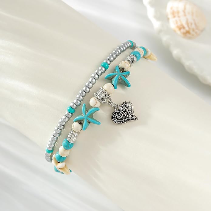 Starain Blue Turtle Anklets for Women Multilayer Beads Handmade Beach Ankle Bracelet Set Boho Foot Jewelry