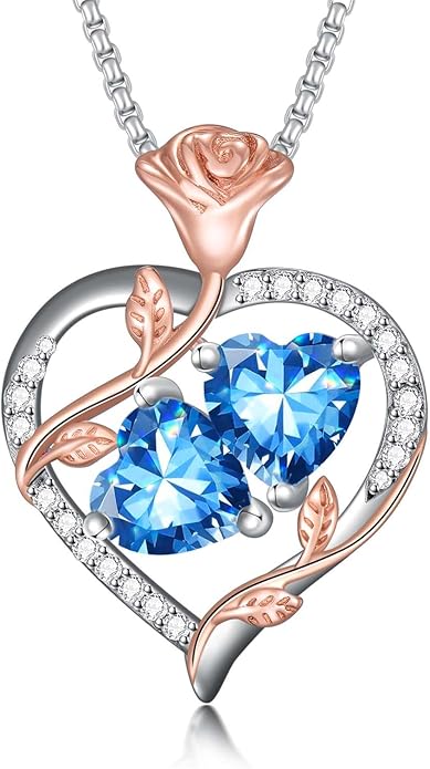 Christmas Gifts for Women Rose Heart Birthstone Pendant Necklace I Love You Forever Jewelry Valentine Mothers Day Birthday Gifts for Women Her Wife Girlfriend