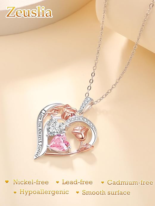 Zeuslia Double Birthstone Necklace Gifts for Wife - 925 Sterling Silver Sunflower/Rose/Crown Cross/Compass/Heart Pendant I Love You Necklace, Anniversary Birthday Gifts for Wife Girlfriend Mom Her