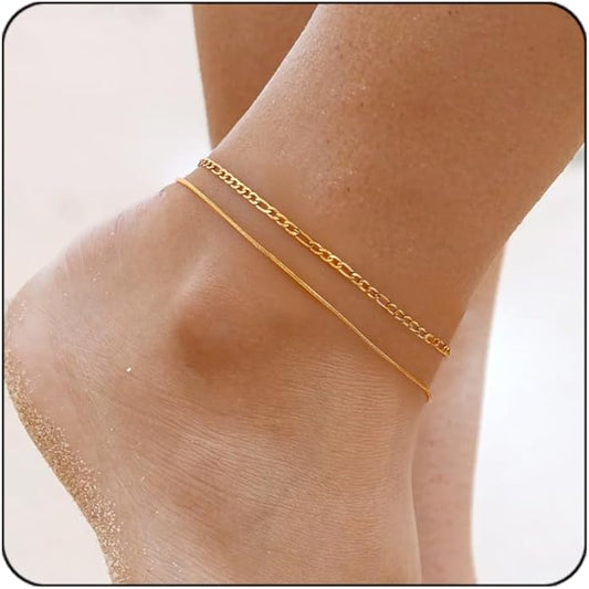 Gold Plated Ankle Bracelets For Women Waterproof,18k Gold Plated Anklets Layered Thin Snake Chain Herringbone Anklets Non Tarnish Stainless Steel Dainty Summer Jewelry Set Gift For Women